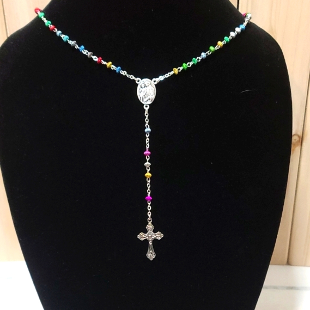Rosary Necklace Silvertone Multicolor Beaded Jubilee Year purchased @ Vatican
